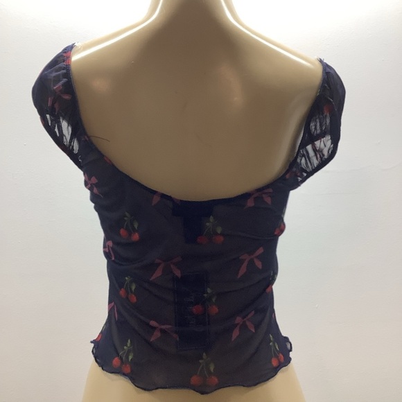 Just Polly Size Large Blue Mesh Cherry & Bows Crop Top. New With Tags - Picture 4 of 5